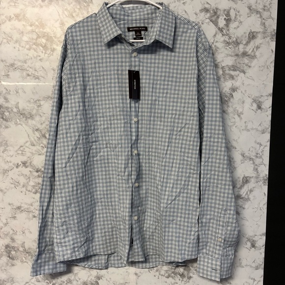 MICHAEL KORS Shirt Mens XXL Cotton SLIM FIT LONG SLEEVE Plaid CHAMBRAY Blue NWT - Picture 1 of 6